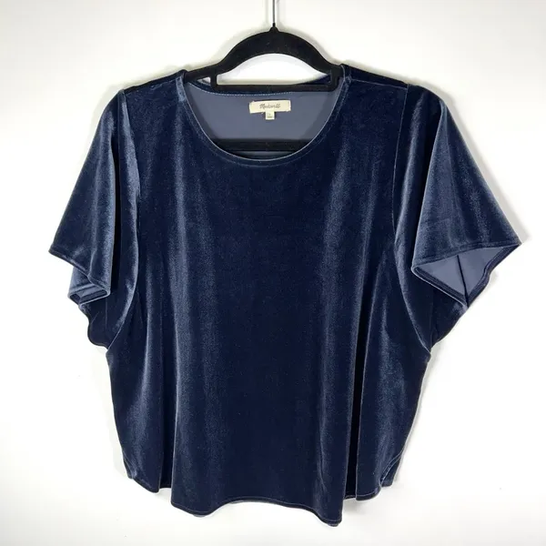 Madewell Size‎ Large Blue Short Sleeve Casual Boho Velvet Butterfly Blouse Top - Image 2
