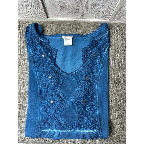 Adrian Dilafield Shirt Womens Size Small Dark Teal Western Tunic Studs Lace - Image 3