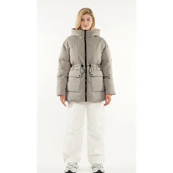 Puffit‎ Women's Small Hooded Mid Length Puffer Jacket Splashproof Modern Taupe - Image 2