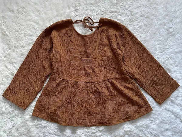 Madewell Blouse Peplum Open-Back Top Brown S - Image 5