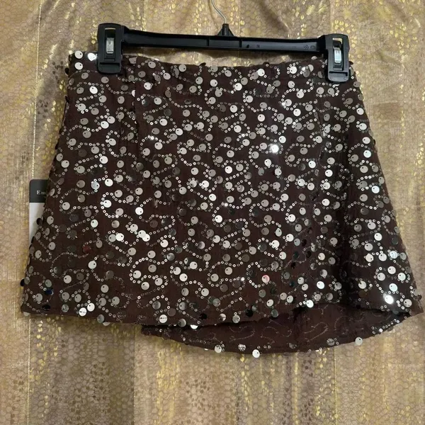 Emerson Lang Brown Silver Sequin Shiny Mini Wrap Front Skort Small NWT - Image 2
