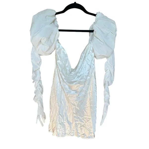For Love & Lemons White Puff Sleeve Mini Dress Back Tie Satin Bridal Medium‎ NWT - Image 8