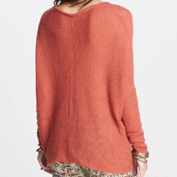 FREE PEOPLE Sadie V Neck Sweater Pullover Wool Alpaca Ruching Sunset Red Small - Image 6