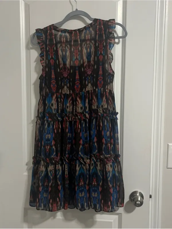 Sleeveless Tiered Ikat Print Dress in Blue and Black - Image 3