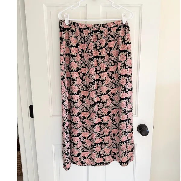 American Eagle Floral Wrap Midi‎ Skirt Black Pink Boho Viscose A-Line Size Large - Image 2