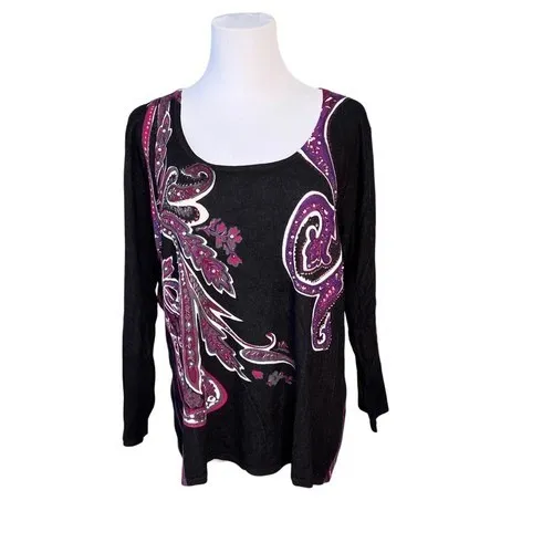 Choices Black Paisley Print Gem Embellished LS Sweater‎ XL Colorful Abstract - Image 3