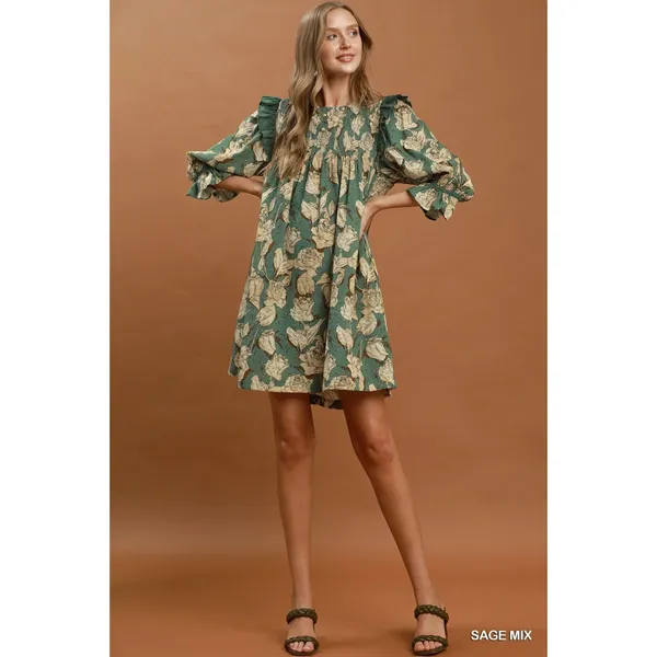 Umgee Mix Floral Print Smocked Ruffle Detail Flowy Dress - Sage Mix - Large - Image 4