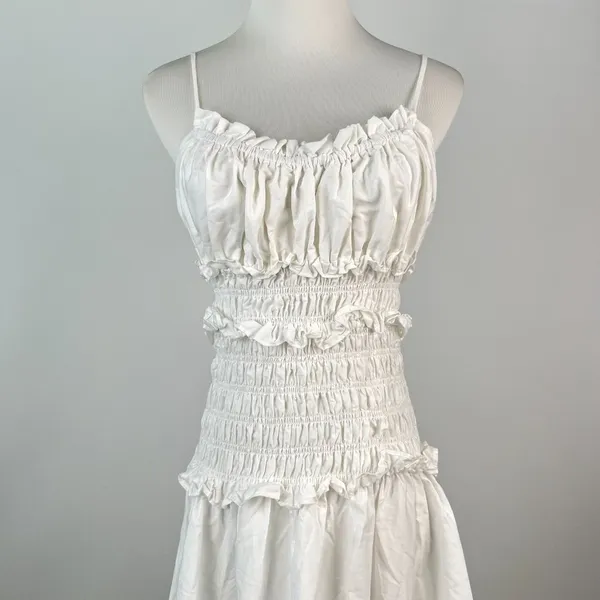 NWOT FARM RIO Cotton Sleeveless Rushed Bodice Midi Dress White Sundress Size S - Image 6