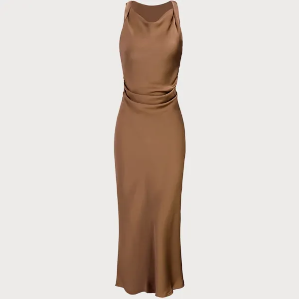 Rihoas Coffee Satin Boat Neck Slip Midi Dress - Image 6