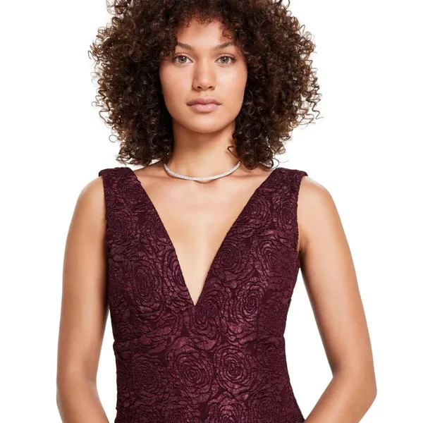 NWT Siena Womens Floral Jacquard Plunge Dress SATP1685 Wine Red 4 - Image 4