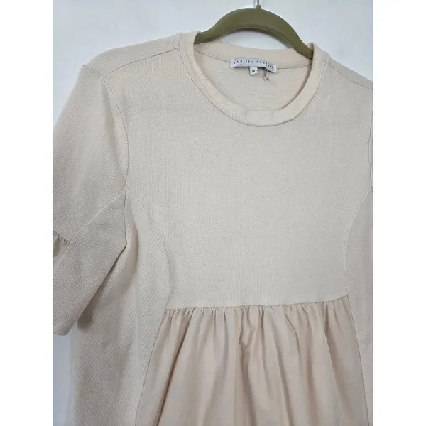 English Factory Mini Babydoll Shift Dress Beige Ruffle Tea Party Brunch Coquette - Image 3