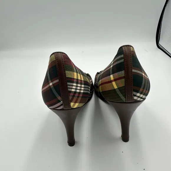 J.‎ Crew Plaid Peep Toe Heels Brown Red Green Chain Detail Stiletto Size 9.5 - Image 3