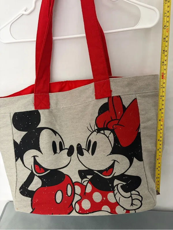 Disney Store Mickey Minnie Mouse Kissing Canvas Tote Bag Red Handles Pocket(F314 - Image 3