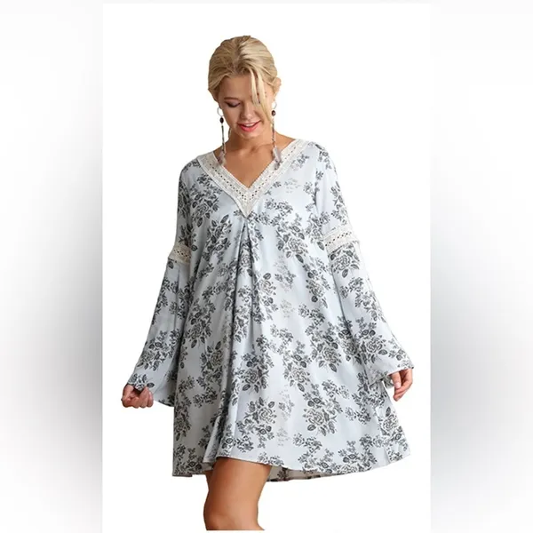 Umgee Embroidered Mini Swing Dress Blue Floral‎ Bohemian Gypsy Cottagecore sz S - Image 2