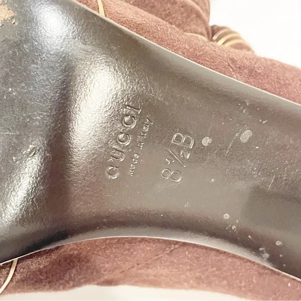 Gucci‎ Chocolate Brown Suede Gold Trim Peep Toe Classic Pumps Heels Size 8.5 - Image 7