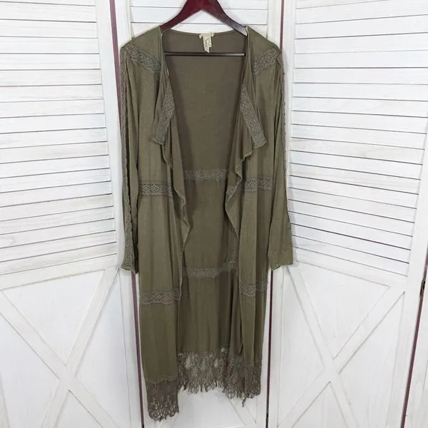 BKE Buckle Gimmicks Western Boho Lace Trim‎ Cardigan Duster Olive Green Small - Image 7