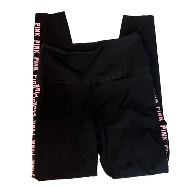 PINK by Victoria's Secret High Waisted Black Leggings Logo on sides SZ Small - Image 2