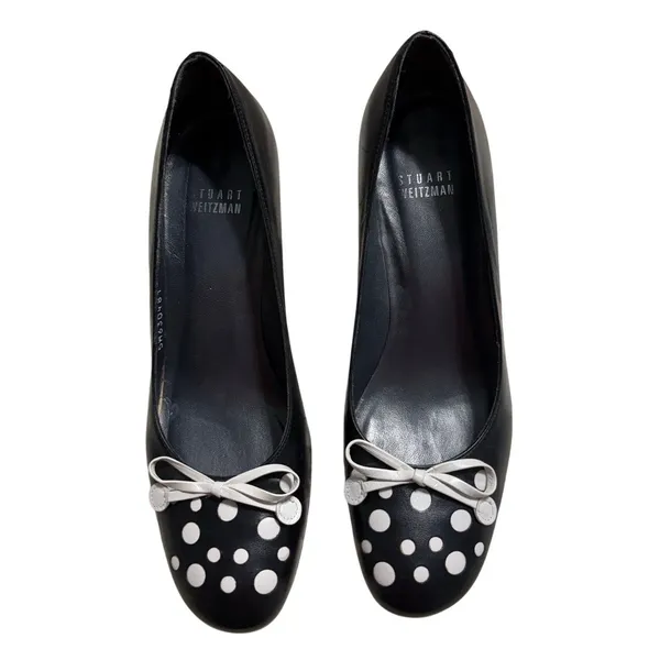 Stuart Weitzman Polka Dot Round Toe High Heels 6.5 Medium Black White Leather - Image 2