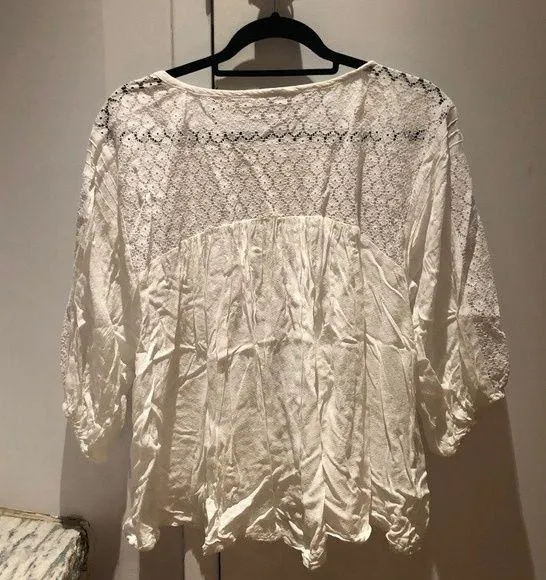 Free People Sz XS Lace Panel Rayon Peasant Blouse Tie Front White Boho Peasant - Image 5