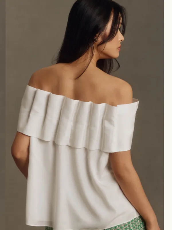 The Clothing Exchange Company Ivory Off Shoulder Bow Front Peplum Blouse Strapless White Top - Image 2