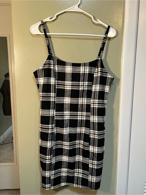 Divided H&M Women’s Size Medium Mini Bodycon Dress Black White Plaid Square Neck - Image 2