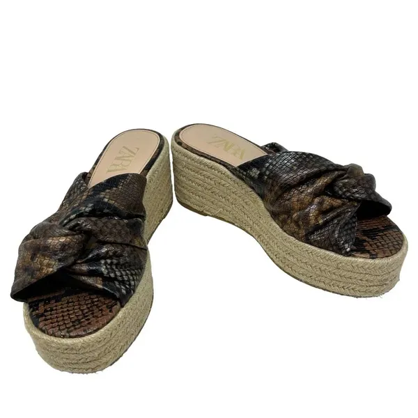 Zara Brown Snakeskin Jute Espadrille Platform Slide Sandals Size 39 /‎ US 8.5 - Image 4