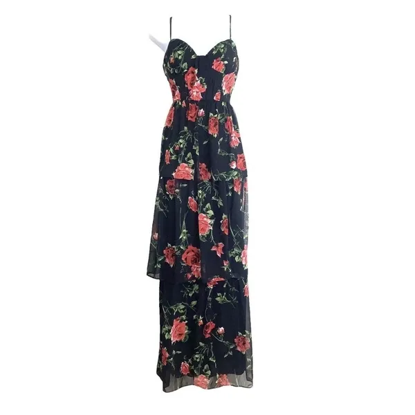 Crystal Doll Dress Juniors 1 Black Floral Chiffon Maxi Sundress Layered Summer - Image 13