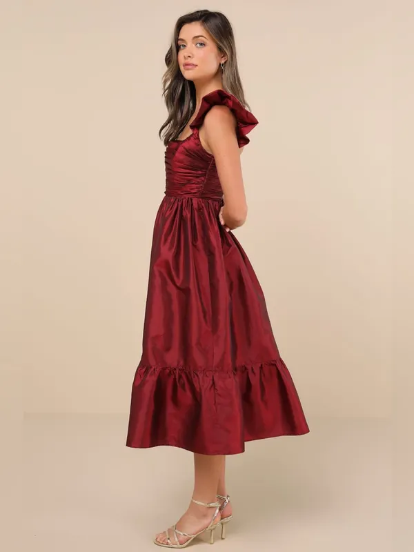Lulus Poised Passion Wine Red Taffeta Pleated Ruffle Midi Dress Size XS NWT - Image 3