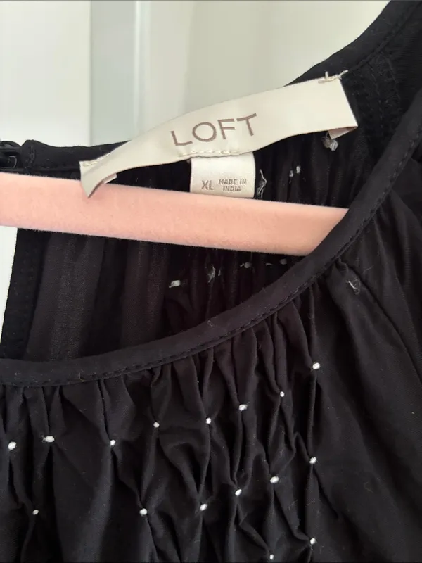 LOFT Smocked Pleated Flounce Dress Black Short Puff Sleeve Babydoll Dress Sz XL - Image 7