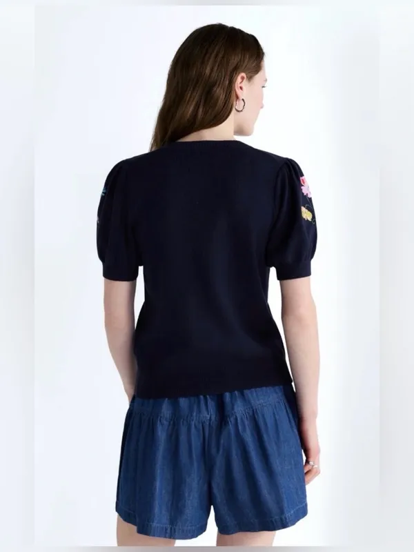Navy Floral Embroidered Short-Sleeve Cardigan - Image 3