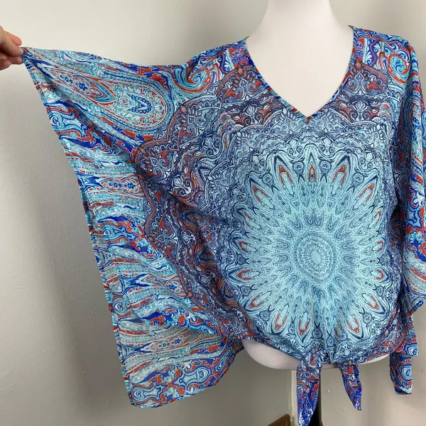 DressBarn Boho Sheer Front Tie Blouse Large Coverup Patriot - Image 3