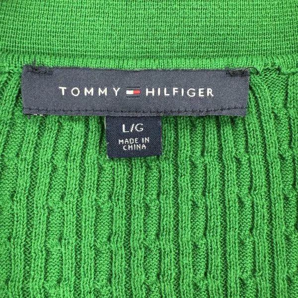 Tommy Hilfiger Women L Green Cable Knit Polo Sweater V Neck Preppy Quiet Luxury - Image 5