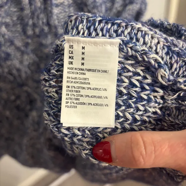 American Eagle Outfitters Blue Marled Cable Knit V-Neck Sweater - Image 5