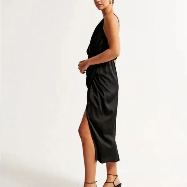 Abercrombie and Fitch Satin Draped Wrap Midi Dress Size Medium Light Brown - Image 8