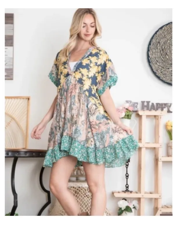 Boho Patchwork mixed floral print oversize SZ S ruffle mini dress by Blue Velvet - Image 9