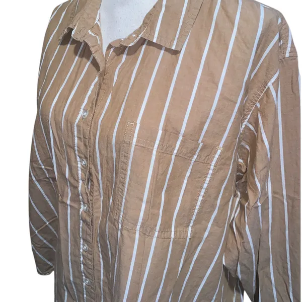 Maurices Striped Button-Up Shirt in Camel & White Long Sleeve - Image 2