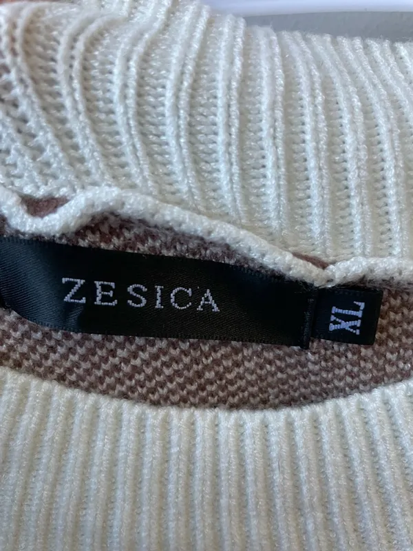 Checkerboard Crewneck Sweater - Cream & Brown - Image 2