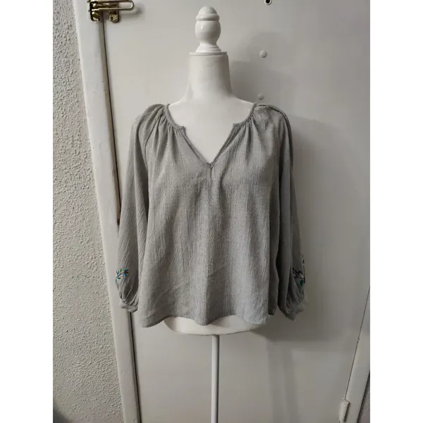Karlie Embroidered Sleeve V-Neck Peasant Blouse Balloon Sleeve Top M Boho Retro - Image 3