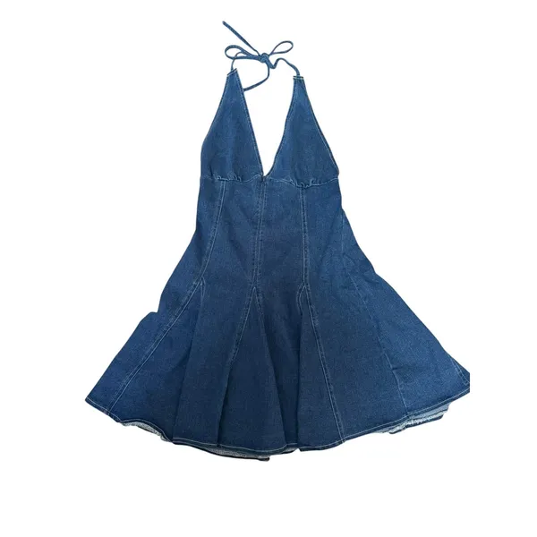 Blue Blush Halter Neck Pleated Denim Mini Dress Cowgirl Nashville Western Size S - Image 3