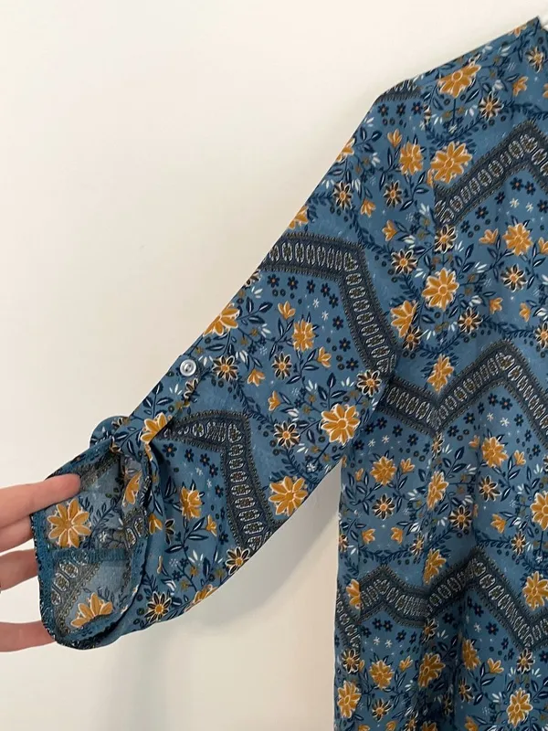PINK ROSE Blue Mustard Navy Floral Chevron 3/4 Sleeve Roll Tab Sleeve Blouse Top - Image 6