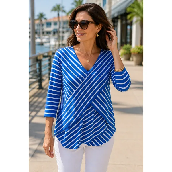 Chico's Miraculous Stripe Tiered Top Blue White‎ Asymmetrical Stripe Sz 1 M 8 - Image 2