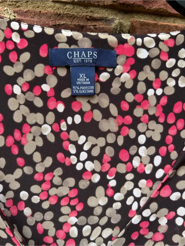 Chaps Black Dress with Pink and Cream Dot Print, V-Neck Midi - Image 2