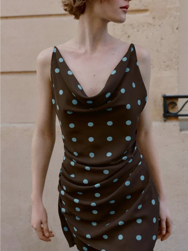 Zara Brown Mini Dress with Blue Polka Dots - Image 5