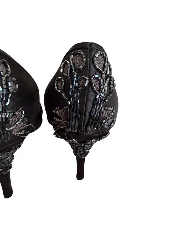 HOUSE OF DEREON Beyonce Black Satin Embroidered Beaded Heels Size 7.5 - Image 3