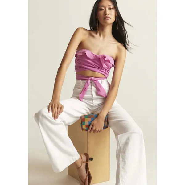Anthropologie Strapless Wrap Top Women Size M Pink Rose New Boho Ruffle‎ Crop - Image 4