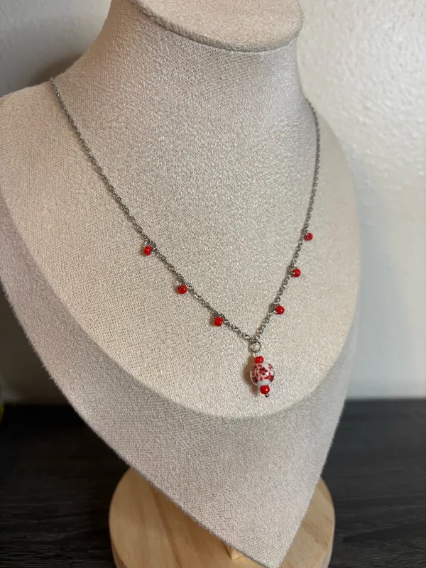 Handmade Red Floral Porcelain Charm Necklace | Waterproof & Tarnish Resistant - Image 3