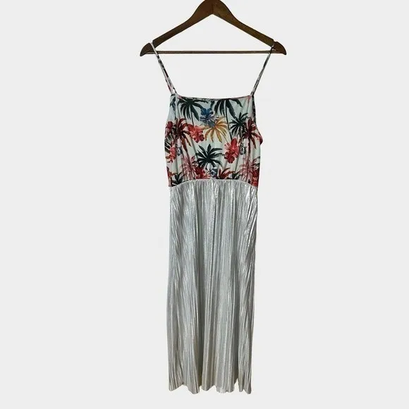 Zara Trafaluc Tropical Floral Silver Metallic Pleated Midi Dress Medium‎ Summer - Image 7