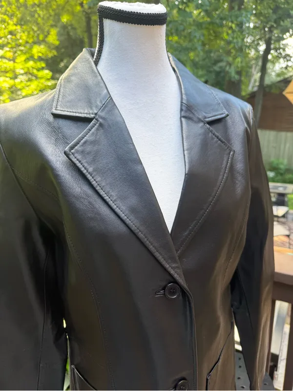 METROSTYLE Womens Genuine Leather Black Blazer Lined Pockets Notch Lapel 8 - Image 3