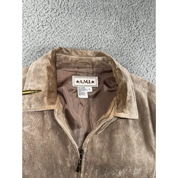 Retro Leather Knit Jacket Women L Brown Ribbed Full Zip VTG‎ Boho Mixed Media - Image 6
