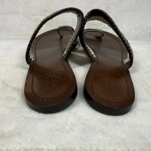 Tory Burch Woven Leather Toe Loop Flat Sandals Brown Cream Size‎ 7 - Image 6